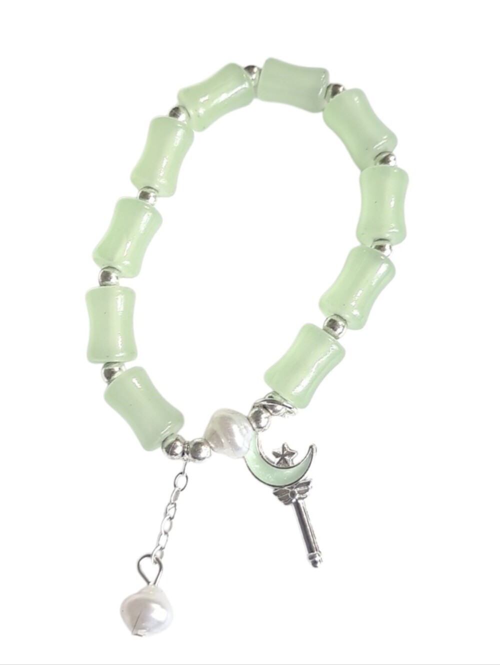 Mint Green Bamboo Bead Stretch Bracelet with Moon Wand Charm – NWOT